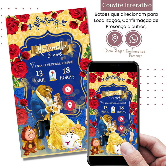 Convite a Bela e a Fera Digital Interativo Virtual