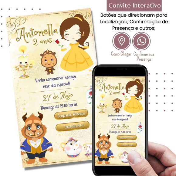 Convite a Bela e a Fera Digital Interativo Virtual