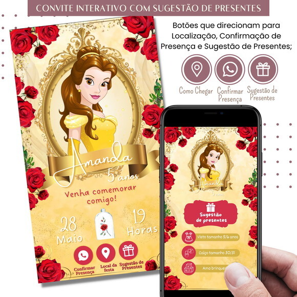 Convite a Bela e a Fera Virtual Digital Sugestão de Presente