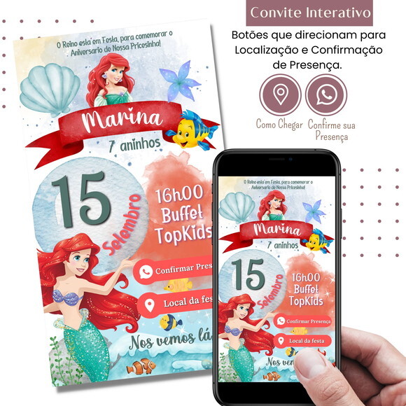 Convite a Pequena Sereia Ariel Digital Interativo Virtual