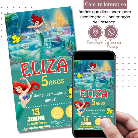 Convite a Pequena Sereia Ariel Digital Interativo Virtual