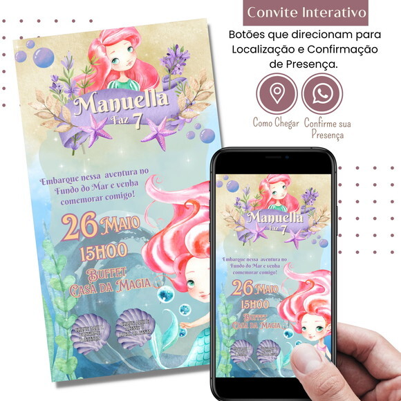 Convite a Pequena Sereia Ariel Digital Interativo Virtual