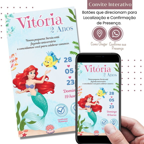 Convite a Pequena Sereia Ariel Digital Interativo Virtual