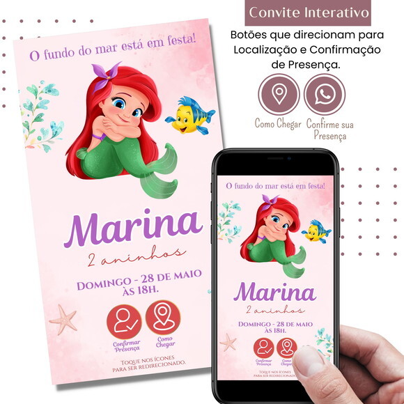 Convite a Pequena Sereia Ariel Digital Interativo Virtual