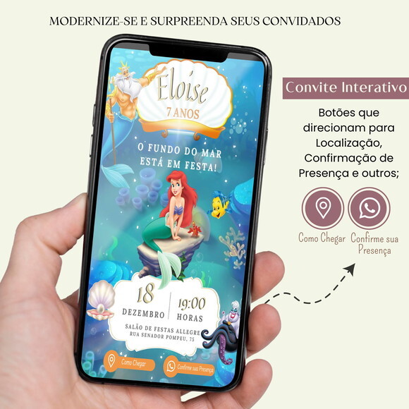 Convite a Pequena Sereia Ariel Digital Interativo Virtual