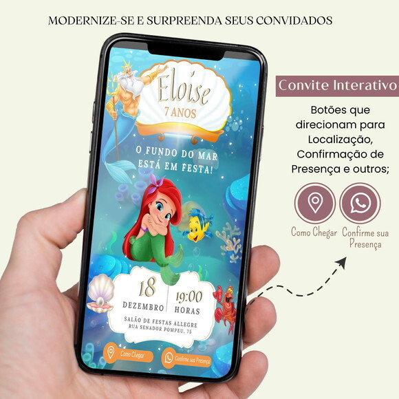 Convite a Pequena Sereia Ariel Digital Interativo Virtual