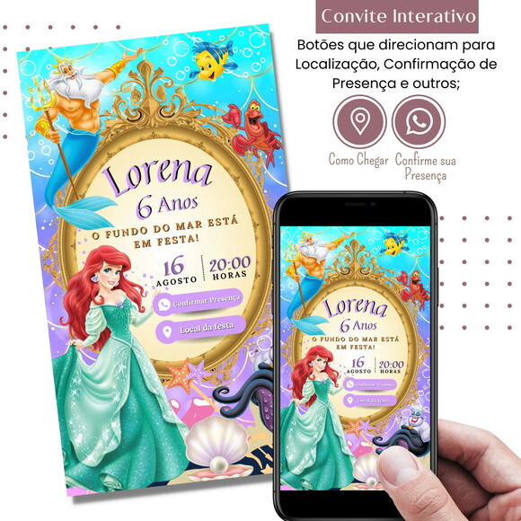 Convite a Pequena Sereia Ariel Digital Interativo Virtual