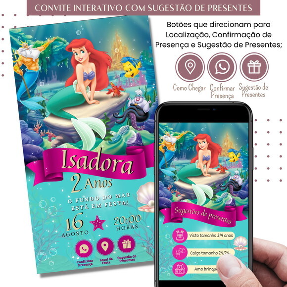 Convite a Pequena Sereia Ariel Digital Sugestão de Presente