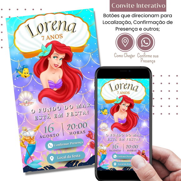 Convite a Pequena Sereia Ariel Digital Interativo Virtual