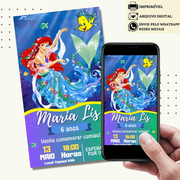 Convite a Pequena Sereia Ariel Digital Virtual