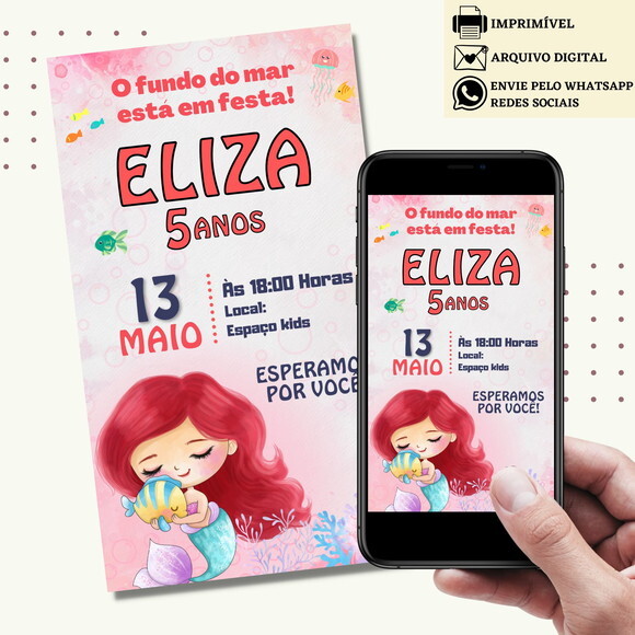 Convite a Pequena Sereia Ariel Digital Virtual