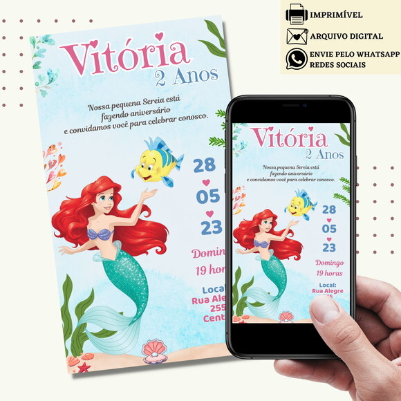 Convite a Pequena Sereia Ariel Digital Virtual