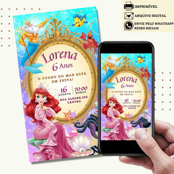 Convite a Pequena Sereia Ariel Digital Virtual