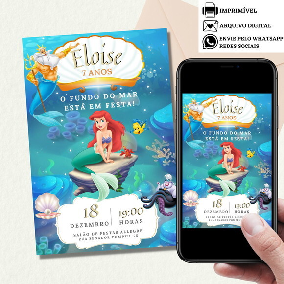 Convite a Pequena Sereia Ariel Digital Virtual Aniversário