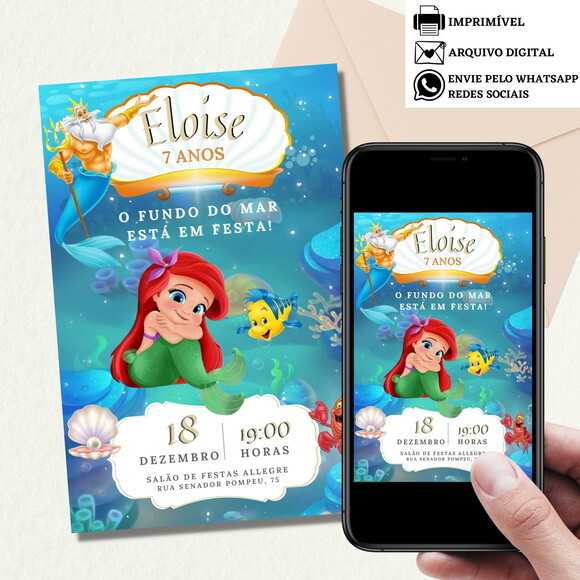 Convite a Pequena Sereia Ariel Digital Virtual Aniversário