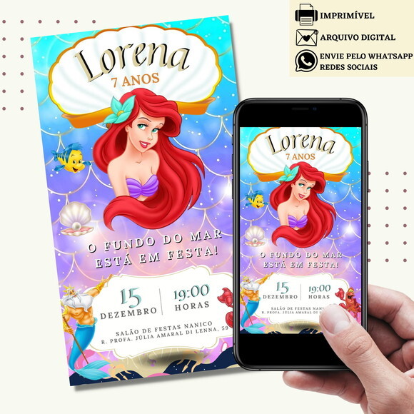Convite a Pequena Sereia Ariel Digital Virtual