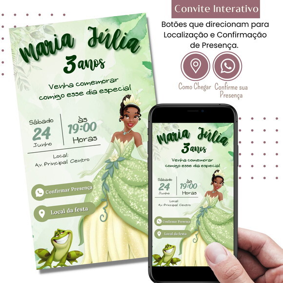 Convite a Princesa e o Sapo Tiana Digital Interativo Virtual