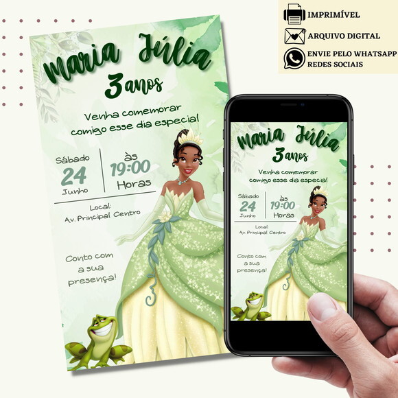 Convite a Princesa e o Sapo Tiana Digital Virtual