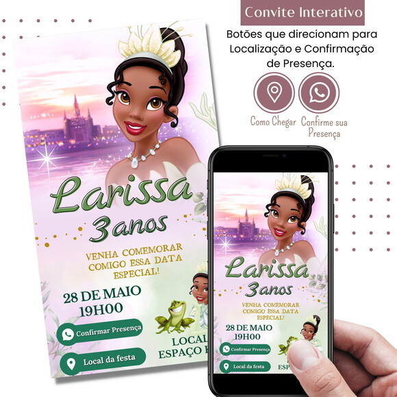 Convite a Princesa e o Sapo Tiana Digital Interativo Virtual