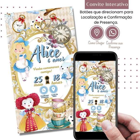 Convite Alice no País das Maravilhas Digital Interativo