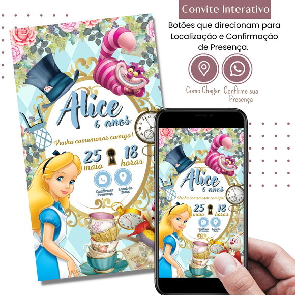 Convite Alice no País das Maravilhas Digital Interativo