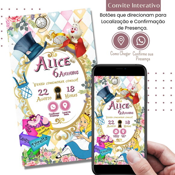 Convite Alice no País das Maravilhas Digital Interativo