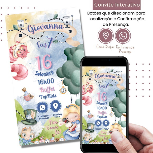 Convite Alice no País das Maravilhas Digital Interativo