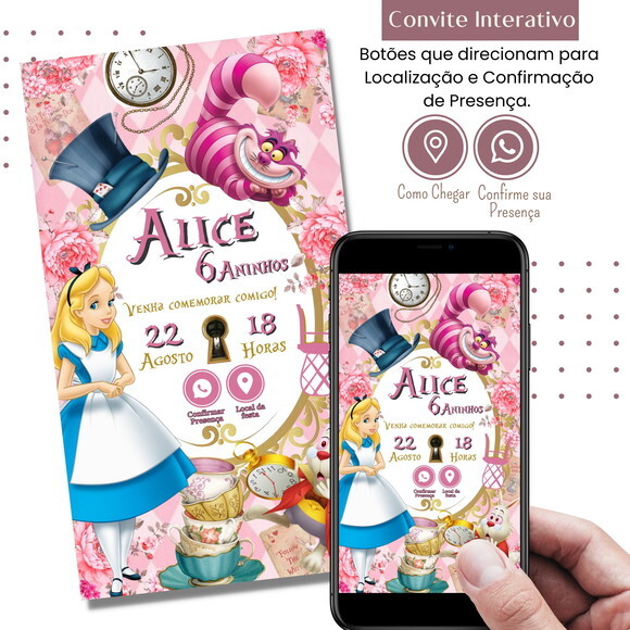 Convite Alice no País das Maravilhas Digital Interativo