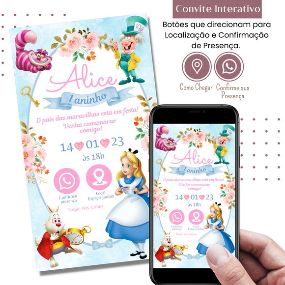 Convite Alice no País das Maravilhas Digital Interativo