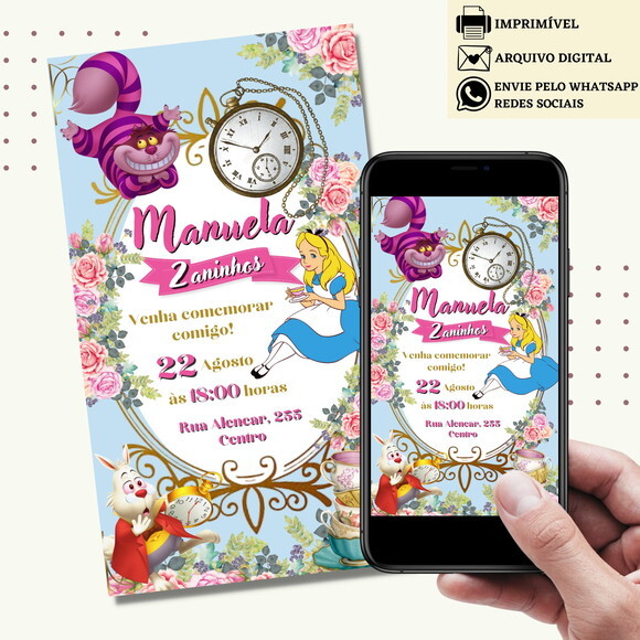 Convite Alice no País das Maravilhas Digital Virtual