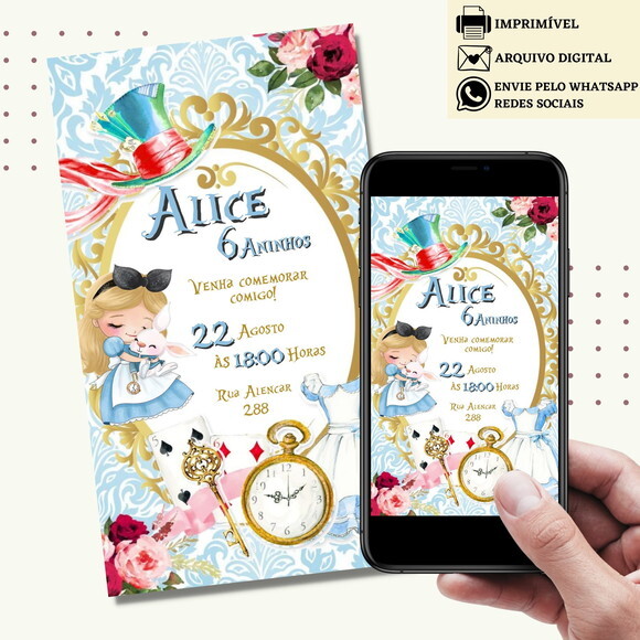 Convite Alice no País das Maravilhas Digital Virtual