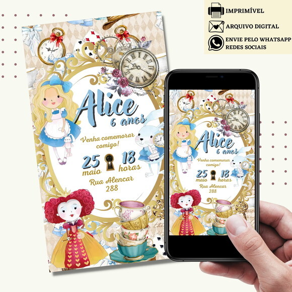 Convite Alice no País das Maravilhas Digital Virtual