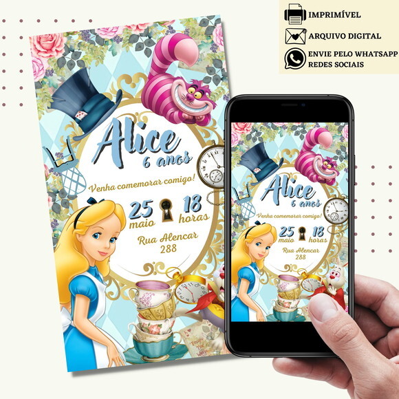 Convite Alice no País das Maravilhas Digital Virtual