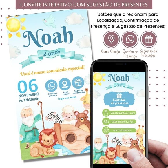 Convite Arca de Noé Digital Interativo Sugestão de Presente