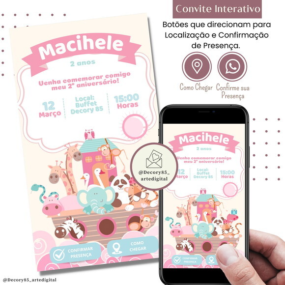 Convite Arca de Noé Rosa Digital Interativo Virtual