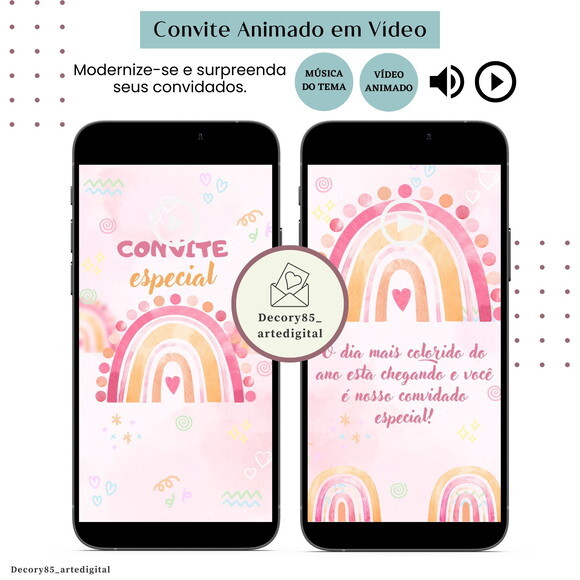 Convite Arco Iris Rosa em Vídeo Animado com Música Digital