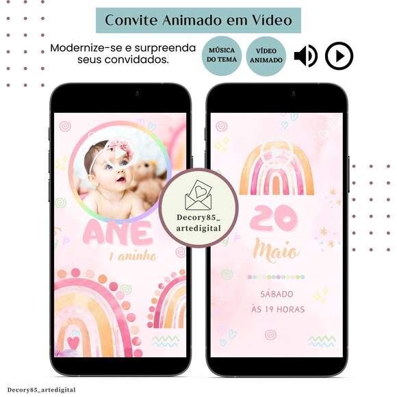 Convite Arco Iris Rosa em Vídeo Animado com Música Digital