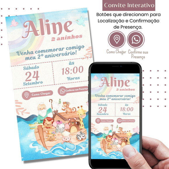 Convite Arca de Noé Rosa Digital Interativo Virtual