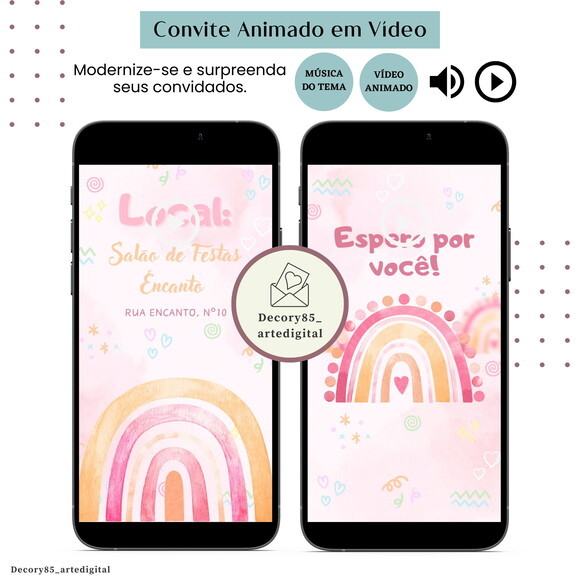 Convite Arco Iris Rosa em Vídeo Animado com Música Digital