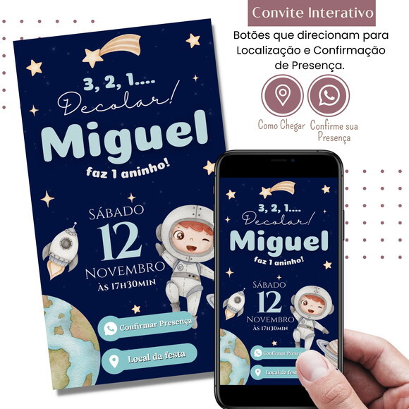 Convite Astronauta Digital Interativo Virtual Aniversário