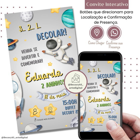 Convite Astronauta Digital Interativo Virtual Aniversário
