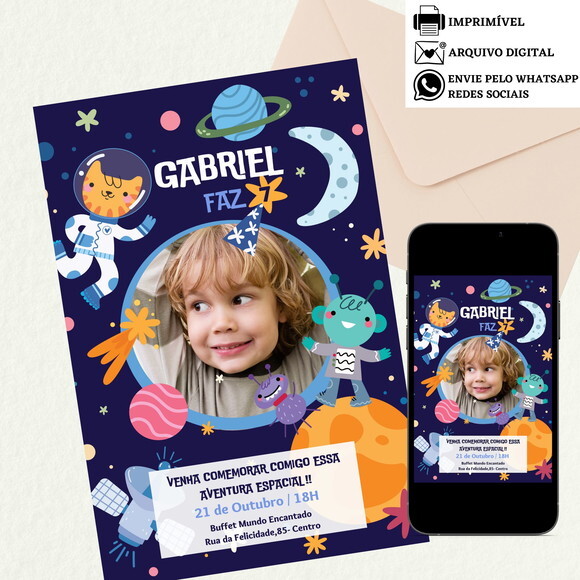 Convite Astronauta Digital Virtual - Aniversário Menino