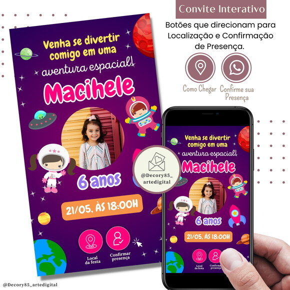 Convite Astronauta Menina Digital Interativo Virtual