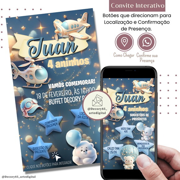 Convite Aviador Avião Digital Sugestão de Presente