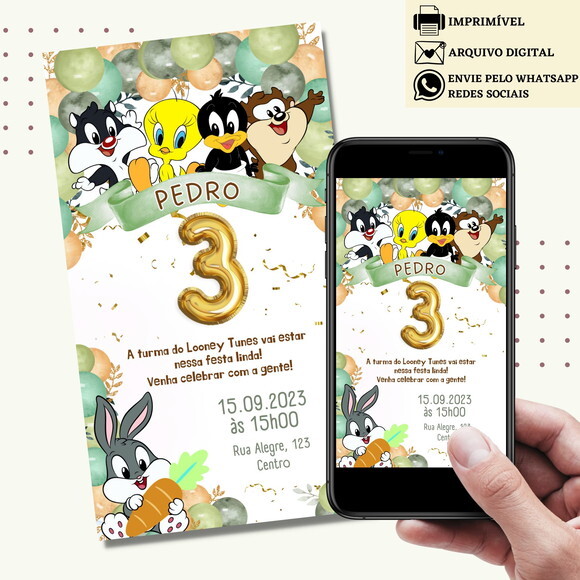 Convite Baby Looney Tunes Menino Digital Virtual