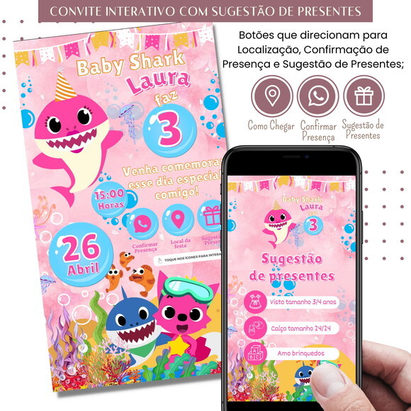 Convite Baby Shark Digital Interativo Sugestão de Presente