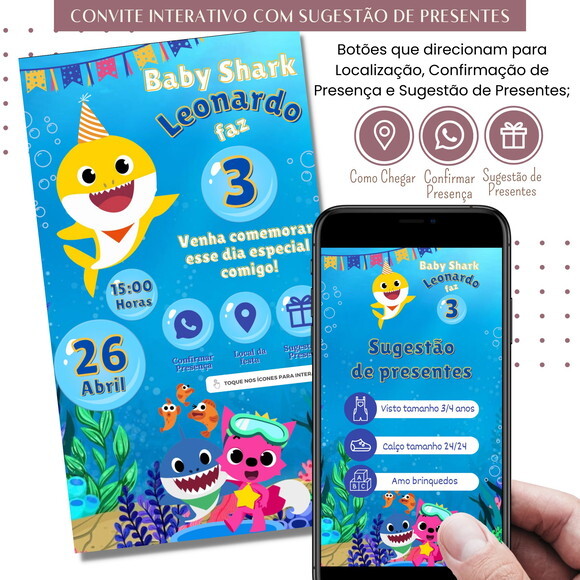 Convite Baby Shark Digital Interativo Sugestão de Presente