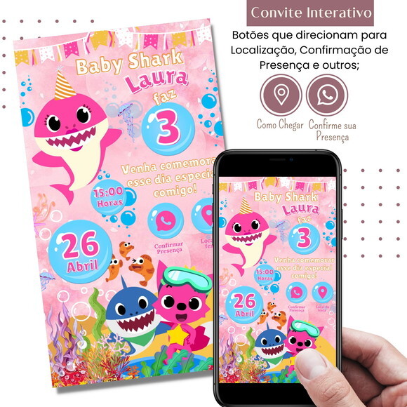 Convite Baby Shark Rosa Digital Interativo Virtual