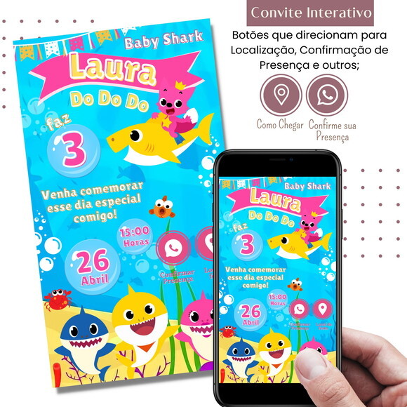 Convite Baby Shark Rosa Digital Interativo Virtual