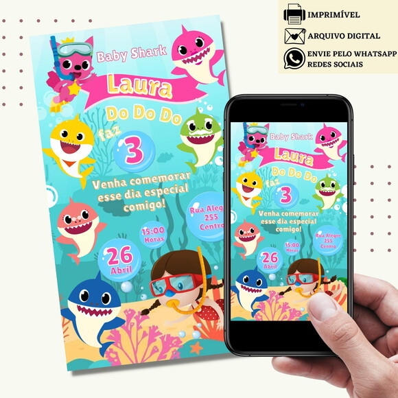 Convite Baby Shark Rosa Digital Virtual